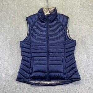 Bernardo Womens Goose Down Puffer Vest Size Medium Navy Blue Light Warm Zip Up